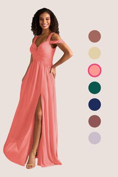 a woman in a long pink dress standing next to color swatches with her hands on her hips