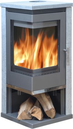 a wood burning stove with logs in it