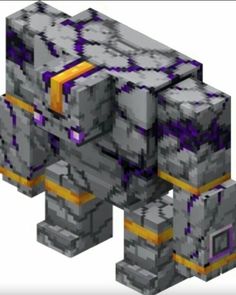 an elephant made out of lego blocks with purple and yellow accents on the front end