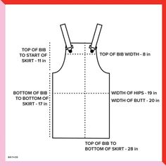 an apron with measurements for the top and bottom