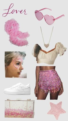 a collage of pink and white items including a top, skirt, shoes, sunglasses and purse