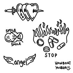 four different stickers with the words smile, love, and stop written in black ink