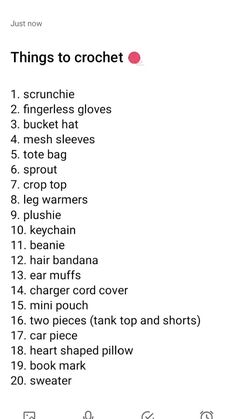 the list for things to crochet in front of a white background with pink dots