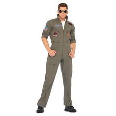 a man in an air force pilot costume standing with his hands on his hips and looking at the camera