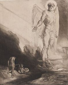 an angel standing next to a man on a body in the middle of a painting