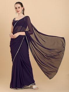 Women Wine Solid Georgette Saree with Blouse Piece - Inddus.com Solid Saree, Georgette Saree With Blouse, Georgette Blouse, Woman Wine, Embellished Blouse, Georgette Saree, Anarkali Suit, Mirror Work, Saree With Blouse