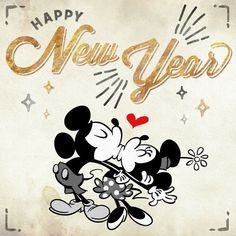 mickey and minnie kissing each other with the words happy new year written in gold foil