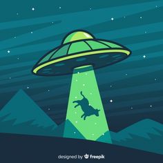 an alien flying through the night sky with a dog under it's head in front of some mountains