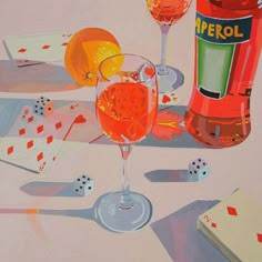 a painting of two glasses of wine and playing cards