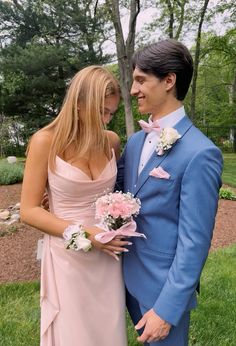 Pink Dress Hoco Couple, Pink And White Hoco Couple, Navy And Pink Hoco Couple, Pink And Blue Prom Couple, Light Pink Prom Couple Outfit, Pink Prom Date Couple, Light Pink And White Corsage, Pink Dress Prom Couple, Pink Dress Couple Outfit