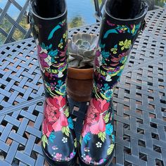 Excellent Condition, Hip And Fun. Good For Rain, Snow Or Sun. Casual Black Rain Boots, Black Round Toe Rain Boots For Spring, Black Outdoor Boots For Spring, Black Spring Outdoor Boots, Winter Rain, Black Floral, Rain Boots, Fashion Clothing, Size 6