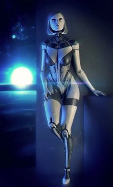 a futuristic woman is sitting on the edge of a wall