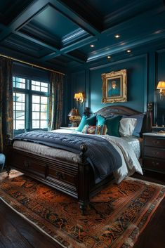 a bedroom with blue walls and wooden floors