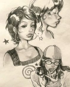 some drawings of two women with different hair styles and one is looking at the camera