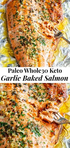 two pictures of salmon with garlic and parsley on foil