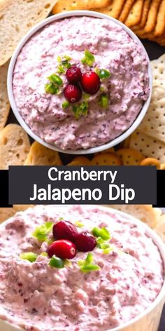 cranberry jalapeno dip in a bowl with crackers