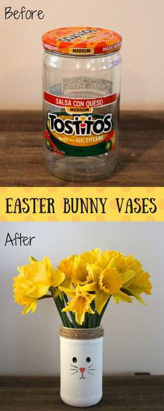 an easter bunny vase with yellow daffodils in it and the words tostro's on top