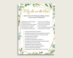 a printable wedding game with greenery and gold foil on the top, which reads why do we do that?