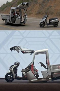 two different views of the same motor scooter, one with its doors open