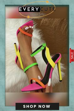 Casual Daily Patchwork Contrast Pointed Out Door Shoes (heel Height 4.53in) Colorful High Heel Synthetic Heels, Colorful Pointed Toe Heels For Summer, Colorful High Heel Spring Heels, Colorful Pointed Toe Heels For Party, Colorful High Heels For Party, Colorful High Heel Party Shoes, Multicolor Closed Toe Heels With 4-inch Heel, Multicolor Pointed Toe Sandals With Wrapped Heel, Multicolor Pointed Toe Sandals With 4-inch Heel