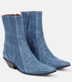 Denim Ankle Boots in Blue - Acne Studios | Mytheresa Denim Ankle Boots For Fall, Acne Studios Shoes, Acne Denim, Mid Heel Ankle Boots, Denim Boots, Mid Heel, Curator Style, Acne Studios, Ankle Boots