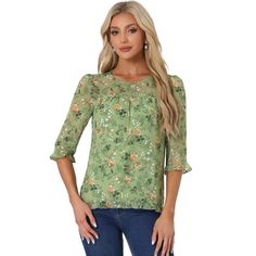 Whether you're in the office or out on the town, this ruffle collar floral print top is perfect for any occasion. It looks comfortable and it is made of very nice flowy breathable material with a pretty floral design. It looks fresh and great for early fall. The style of the blouse gives a very fresh and youthful look without excluding an older audience. Beautiful boho design, very neutral color, could match with Jeans for a very tailored casual look, great for spring and summer. Green Half-sleeve Blouse For Spring, Green Half Sleeve Blouse For Spring, Floral Print 3/4 Sleeve Work Blouse, Floral Print 3/4 Sleeve Workwear Blouse, Floral Print Workwear Blouse With 3/4 Sleeves, Fall Floral Print Half Sleeve Blouse, Floral Print 3/4 Sleeve Tops For Work, Floral Print 3/4 Sleeve Workwear Top, Feminine Blouse With 3/4 Sleeve Floral Print