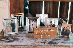 a table topped with pictures and framed photos next to a wooden sign that says generations of love