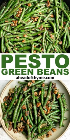 pesto green beans in a white bowl with walnuts on top and the words pesto green beans above it