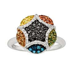 Sterling Silver Seven-Tone 1/2-ct. T.W. Diamond Cluster Ring Blue Champagne, Silver Rose Ring, Orange Ring, Rose Green, Right Hand Rings, Rose Ring, Rose Jewelry, Blue Jewelry, Diamond Cluster Ring