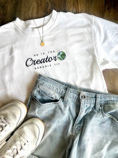 Creator Christian T-shirt Embroidered Bible Verse Shirt - Etsy Jesus Merch, Aesthetic Bible Verse, Aesthetic Bible, Teacher Attire, Christian Clothing Brand, Christian Accessories, Jesus Clothes, Sticker Inspo, Clothes Board