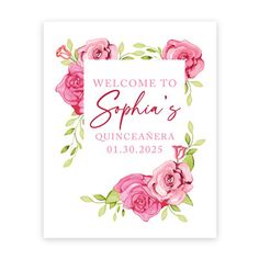 a welcome sign with pink roses and leaves on the front, in watercolor style