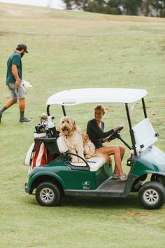 two people and a dog on a golf cart