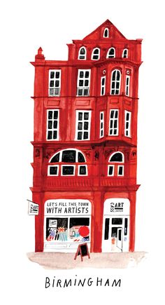 a drawing of a red building with lots of windows and people walking in front of it