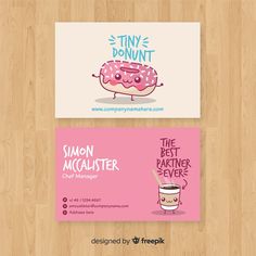 two business cards with donuts on them and the words tiny donut written in pink