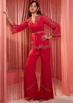 Coral Red Double Flap Kurta and Pants Pants With Embroidery, Kurta And Pants, Indian Bridesmaids, Red Kurta, Embroidered Belt, Embroidery Detailing, Dress Indian, Sanya, Kurta With Pants