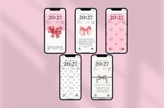 four iphones with different designs on them, one is pink and the other is white