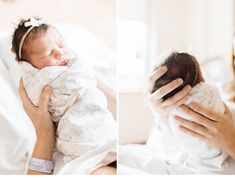 two pictures of a woman holding a baby in her arms and smiling at the camera