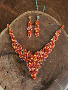 Orange Jewelry Set, Orange Jewelry, Orange Bracelet, Fun Ornaments, Orange Necklace, Orange Crystals, Colors Orange, Necklace And Earrings Set, Chain Extenders