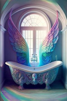 a bathtub with wings painted on it