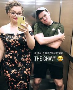 a man taking a selfie with a woman in front of an elevator door and the caption reads, oil calls this beauty and the chav '