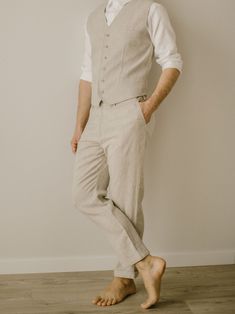 "Linen Trousers For Men, Linen Pants, Natural Linen Groom Pants, Linen Clothes For Men. ETHICALLY MADE. Every linen trousers is handmade using the body measurements of the individual customer.  No factory use.  Every creative and sewing task is fairly rewarded. DESCRIPTION: - Slim/regular fit - Two buttons closure at the waist - Two side pockets - One back pocket - Loops for a belt - Zipper -100% linen - Handcrafted Color in the picture- natural linen. Other colors are available. Material: 100 % Linen Pants Outfit Men, Linen Groom, Casual Groom Outfit, Linen Clothes For Men, Linen Jacket Men, Men Linen Pants, Linen Pants For Men, Linen Wedding Suit, Linen Trousers For Men