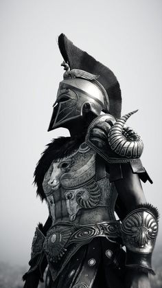 a black and white photo of a man in armor with a bird on his shoulder