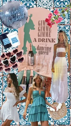 the collage shows two women standing in front of a table with bottles and glasses on it