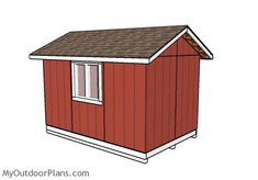 a red shed with a brown roof and shingles on the top, sitting in front of a white background