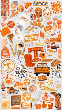 an assortment of orange and white stickers