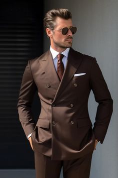 . Luxury Dapper Brown Suits, Luxury Brown Double-breasted Suits, Luxury Double Breasted Suit For Fall Semi-formal, Luxury Brown Dapper Suit And Tie Accessories, Luxury Brown Double Breasted Elegant Suit, Luxury Brown Double Breasted Suit, Luxury Elegant Brown Double Breasted Suit, Luxury Brown Single Breasted Set, Classic Brown Formal Sets