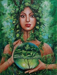 a painting of a woman holding a green globe with trees growing on her face and hands