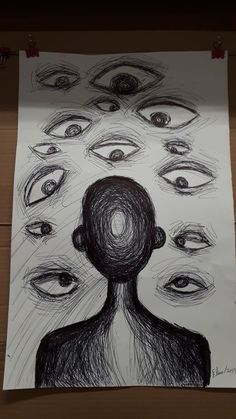 a drawing of an individual's head surrounded by eyes