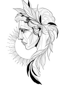 a black and white drawing of a woman's face with feathers on her head