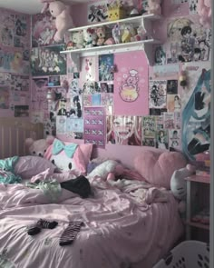 a bedroom with pink walls and lots of stuffed animals on the shelves above the bed